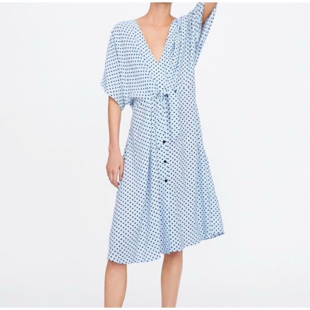 Vintage Zara Women's S Blue Polka Dot V-Neck Wrap Midi Dress Casual - Picture 3 of 7